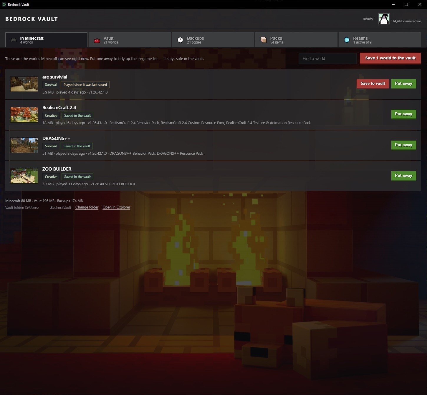 The In Minecraft tab — every world the game can see, with vault status per row