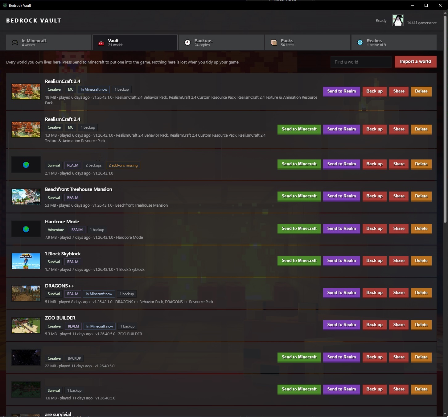The Vault tab — every world you own with thumbnail, size, version, add-ons and backup count