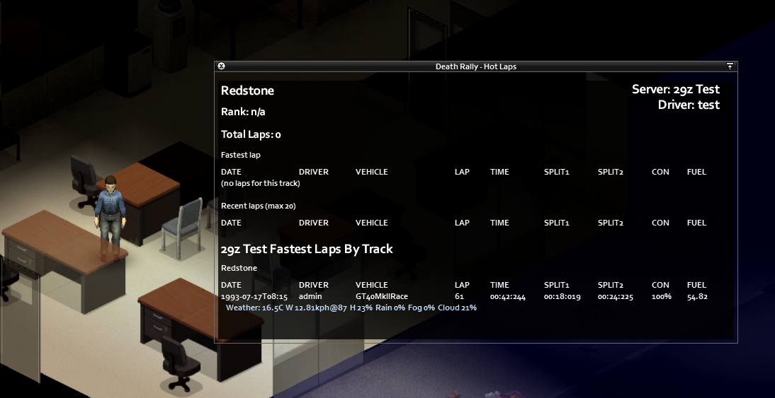 The server's fastest laps by track, seen from another driver's panel