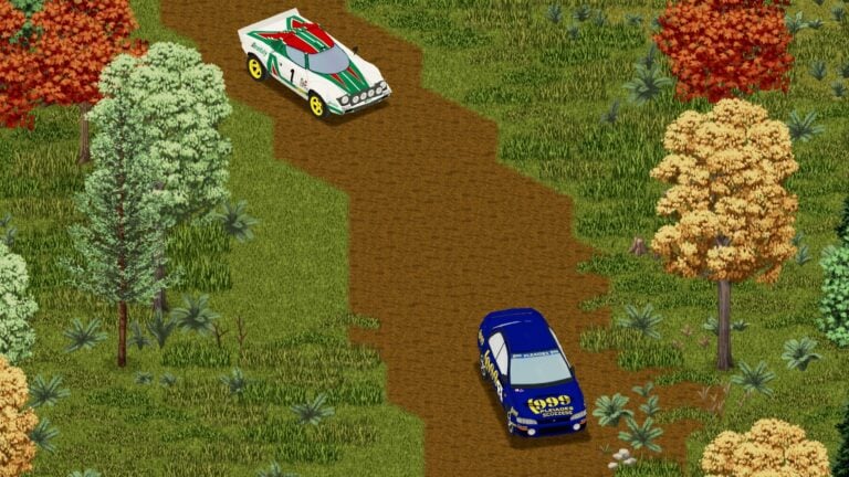 Two rally cars on a dirt stage between autumn trees