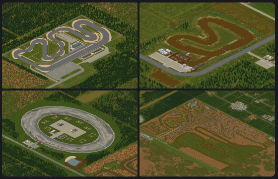 Four purpose-built courses seen from above — a grand prix circuit, a dirt course, an oval and a rally maze