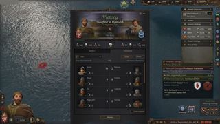 CK3's own victory screen for the same battle, with the champions' kill counts carried home