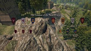A siege intro's war card — Mön's conquest of the Theme of Sicily, the realms and bands of both sides under their arms, the castle and the siege camp beyond