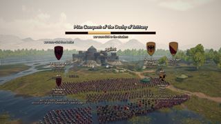 The intro's war card for the Mön Conquest of the Duchy of Brittany — the war score, and the realms of both sides under their arms