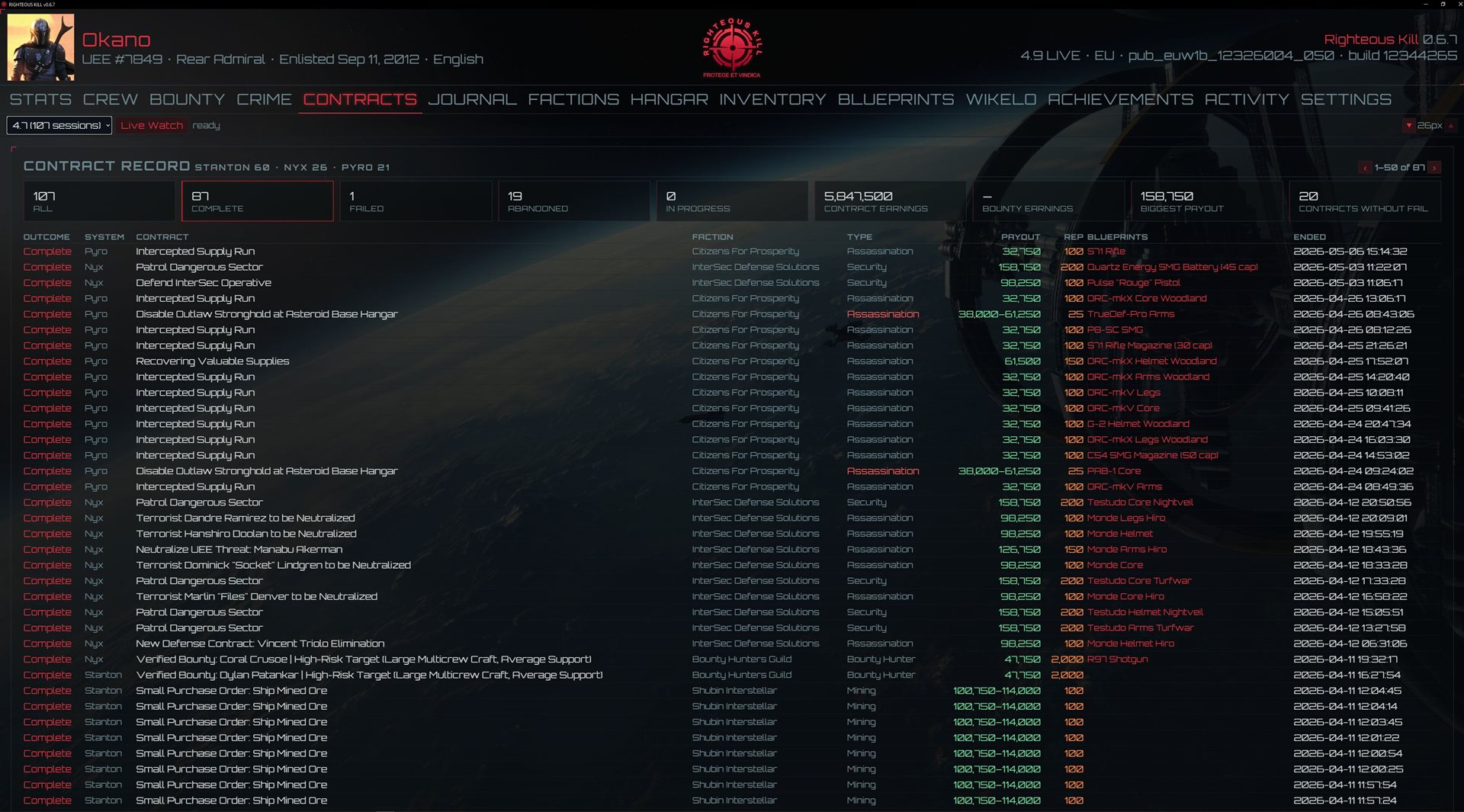 The Contracts tab — a full mission record with faction, type, payout, reputation and blueprint rewards per row