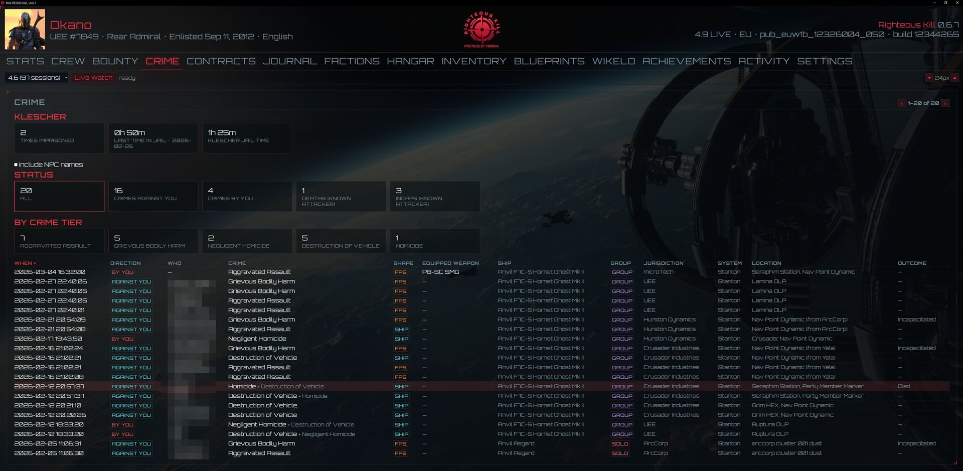 The Crime tab — Klescher stats, crimes by tier, and every crime by or against you with weapon, hull, jurisdiction and outcome