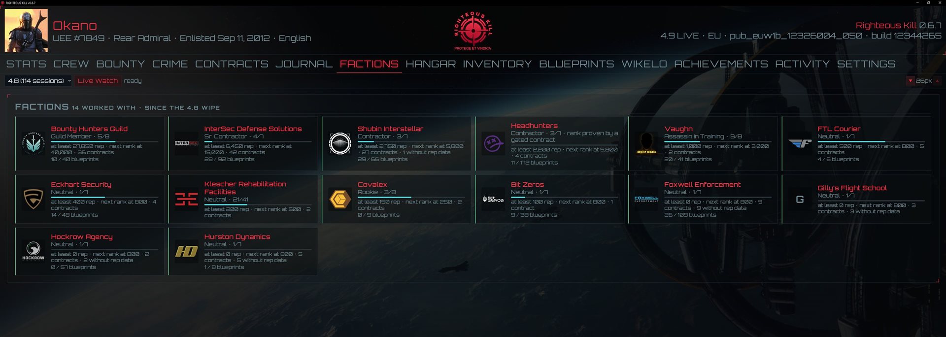 The Factions tab — one tile per organisation with its real logo, inferred rank and progress to the next
