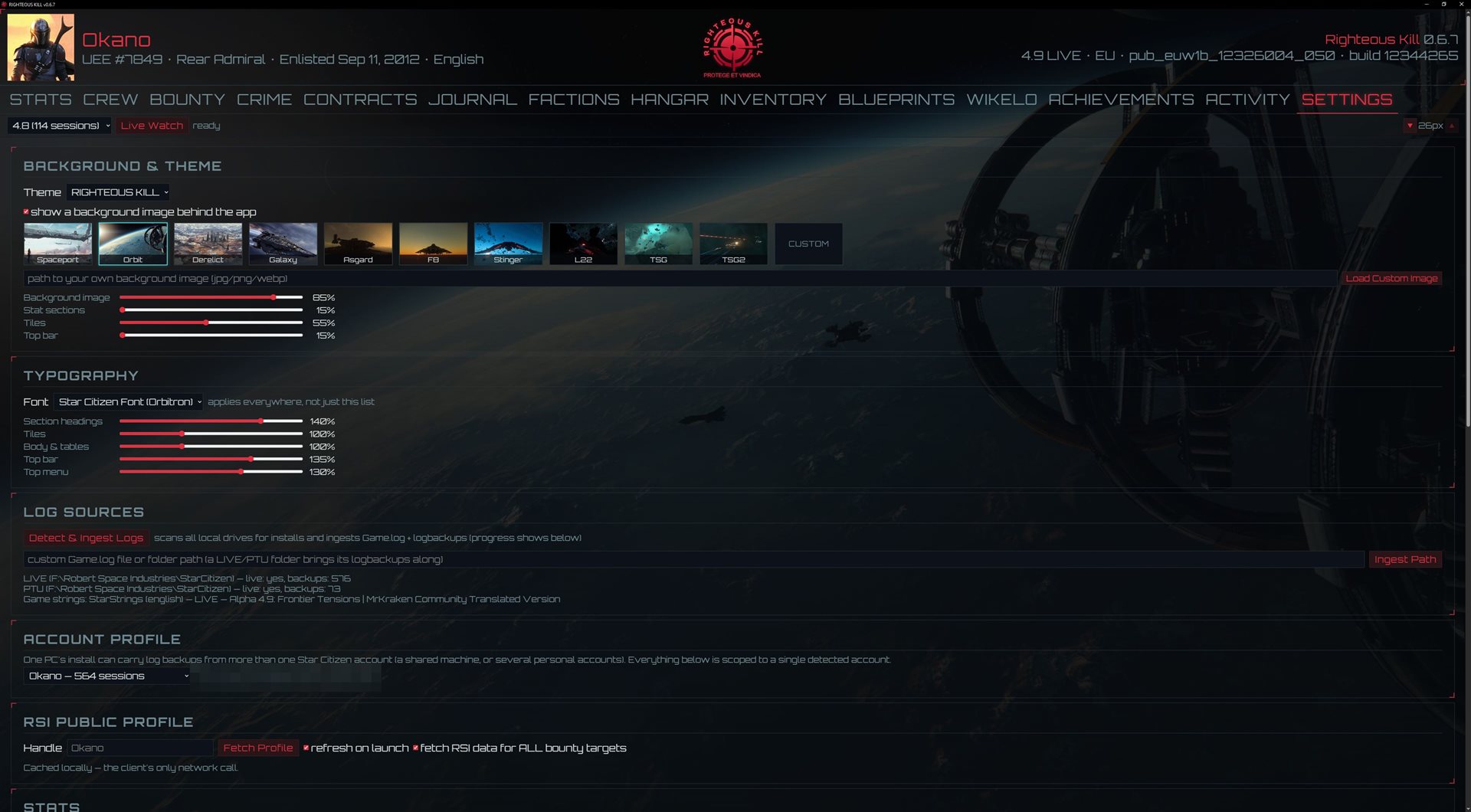 The Settings tab — theme and background choices, per-element opacity, typography scales, log sources and the opt-in RSI profile section
